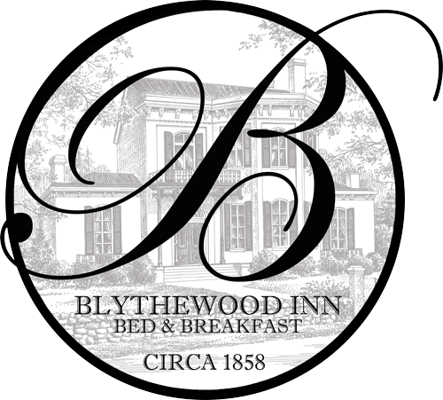 Logo for Blythewood Inn Bed & Breakfast, featuring an illustration of the historic house behind a large letter B, with the text “Blythewood Inn Bed & Breakfast” and “Circa 1858.”