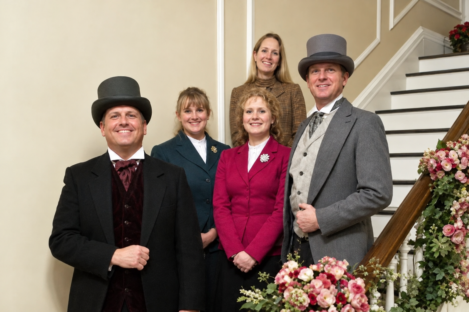 Four people in 19th-century formal attire stand on a staircase decorated with flowers at the Blythewood Inn Bed and Breakfast in Columbia, TN.